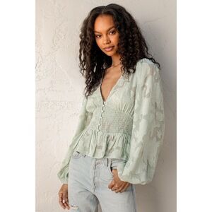 Lulus Patio Date Light Green Floral Jacquard Button-up Long Sleeve Top - Size XS